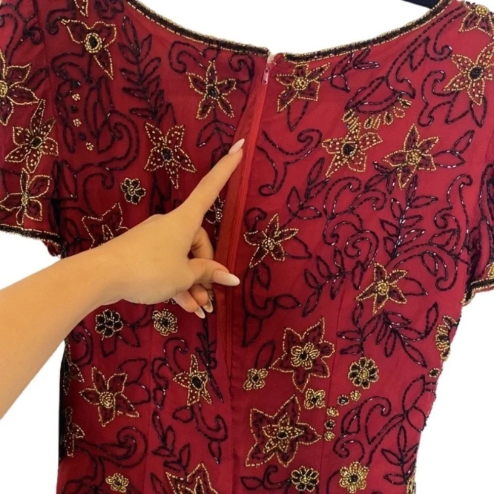 Papell Boutique Silk Beaded Short Sleeve Blouse - Picture 4 of 7
